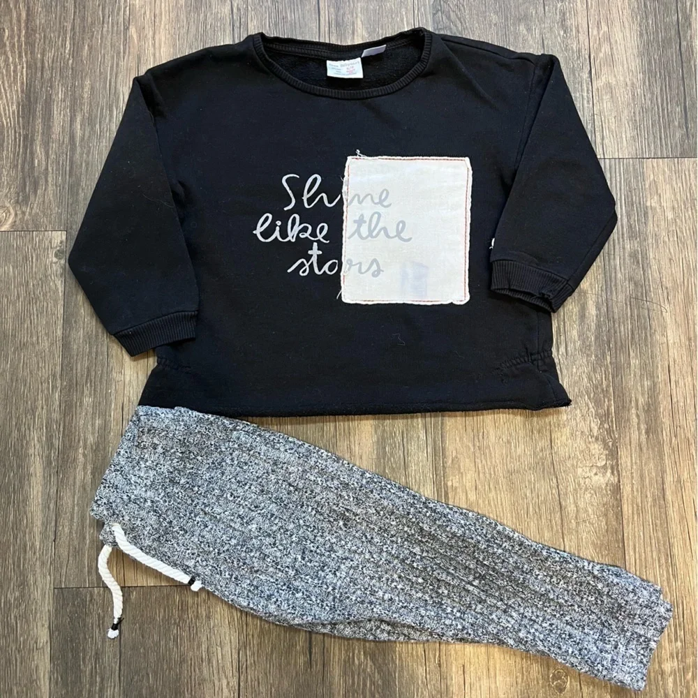 Zara Baby Black Shine Like The Starts Top And Gray Pants Set Size 2/3
